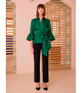 Blouse with ruffled sleeves and a bow at the waist