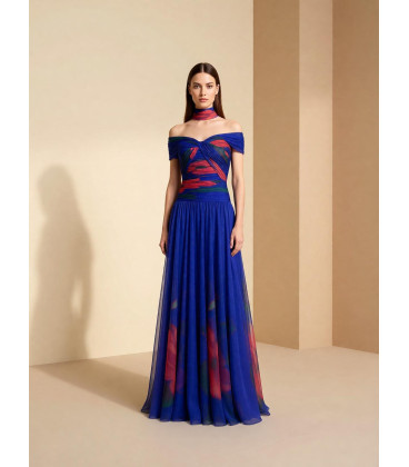 Vestido off shoulders con blusa drapeada