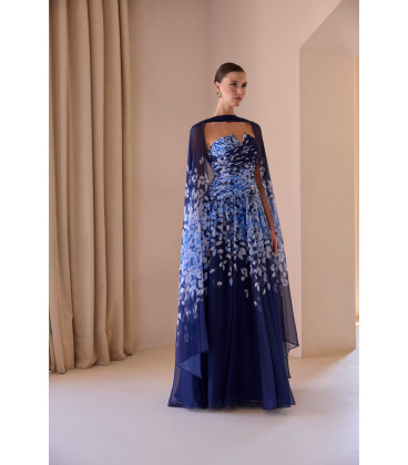 Printed and draped dress with cape