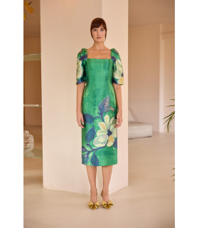 Vestido de mikado con estampado floral grande