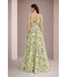 Vestido de brocado con tirantes en tonos verdes