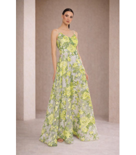 Brocade dress with straps in shades of green