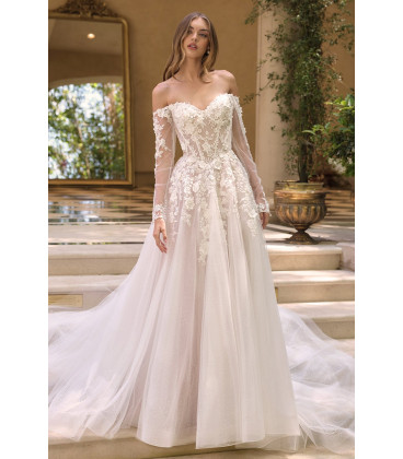 Off-the-shoulder sweetheart neckline with sheer illusion sleeves & 3D floral lace appliqué