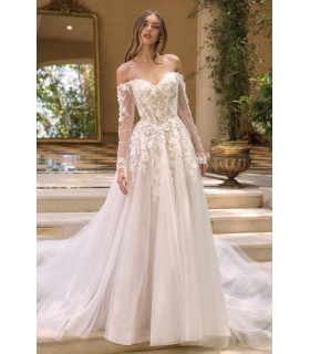 Off-the-shoulder sweetheart neckline with sheer illusion sleeves & 3D floral lace appliqué