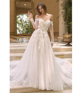 Off-the-shoulder sweetheart neckline with sheer illusion sleeves & 3D floral lace appliqué