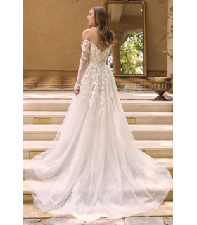 Off-the-shoulder sweetheart neckline with sheer illusion sleeves & 3D floral lace appliqué