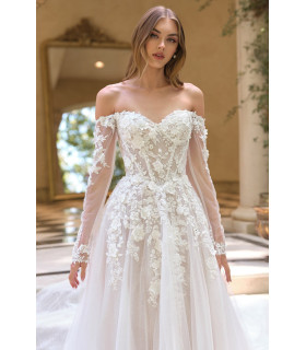 Off-the-shoulder sweetheart neckline with sheer illusion sleeves & 3D floral lace appliqué