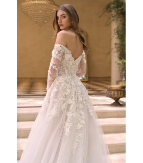 Off-the-shoulder sweetheart neckline with sheer illusion sleeves & 3D floral lace appliqué