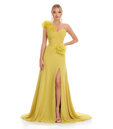 One-shoulder dress with ruffles and feathers at the hip