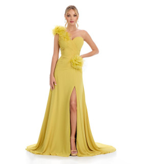 One-shoulder dress with ruffles and feathers at the hip