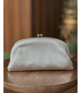 Striped clutch bag with a classic metal closure