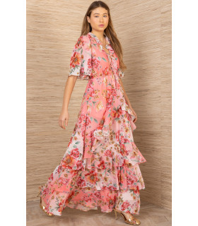 Vestido con volantes en todo el cuerpo y mangas acampanadas