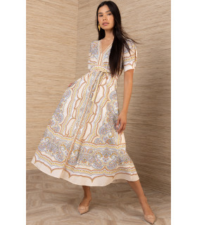 Printed dress with short sleeves and a V-neck