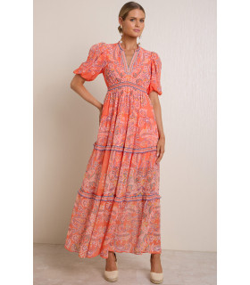 Balloon sleeve dress with elastic waistband and leg slit