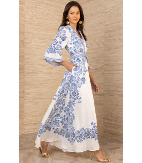 3/4 sleeve dress with ruffles and flared skirt