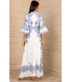 3/4 sleeve dress with ruffles and flared skirt