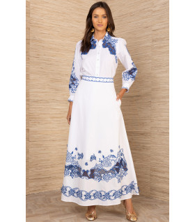 Skirt and blouse set with blue embroidery
