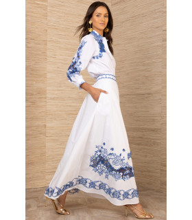 Skirt and blouse set with blue embroidery