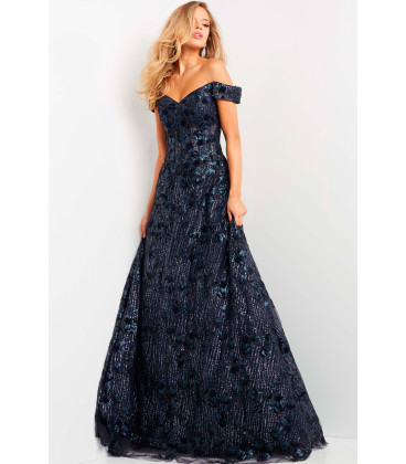 A-line dress with sequins and off-the-shoulder design