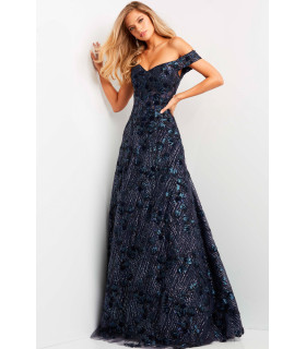 A-line dress with sequins and off-the-shoulder design