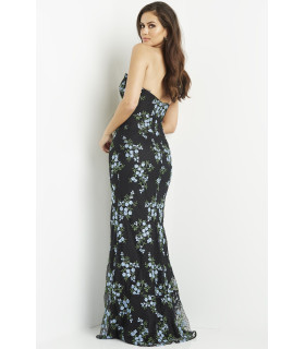 Vestido estilo sirena, escote corazón y túnica con puños de plumas