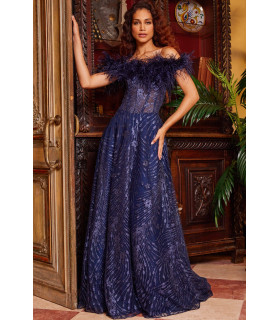 Vestido con hombros descubiertos, detalles brillantes y escote con plumas