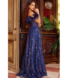 Off-the-shoulder dress with sparkling details and a feathered neckline