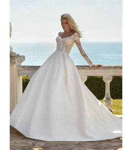 A-line dress with a plunging neckline and long sleeves