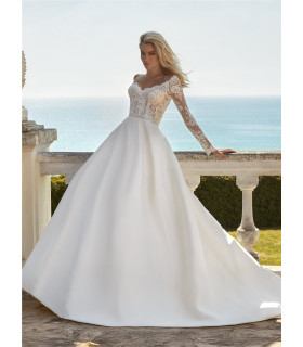 A-line dress with a plunging neckline and long sleeves