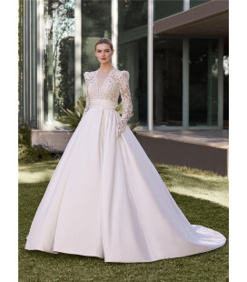Mikado princess dress with V-neck and long sleeves