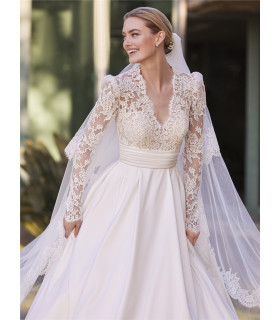Mikado princess dress with V-neck and long sleeves