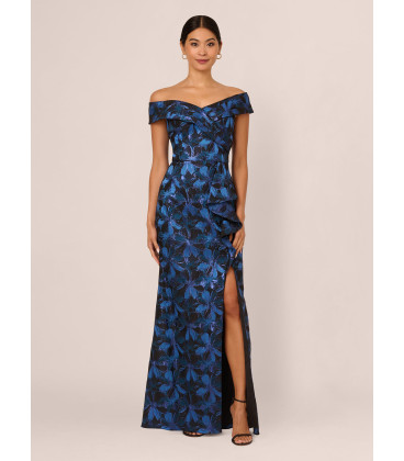 Off-the-shoulder dress with a ruffle at the waist
