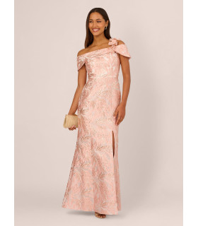 Off-the-shoulder dress with floral print and 3D flowers on the shoulder