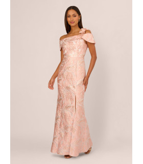 Off-the-shoulder dress with floral print and 3D flowers on the shoulder