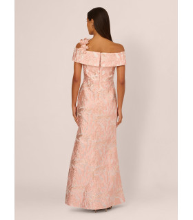 Off-the-shoulder dress with floral print and 3D flowers on the shoulder