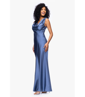 Satin dress with draped neckline and short sleeves