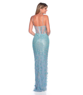 Dress with corset-style bodice, transparent panels and rhinestones