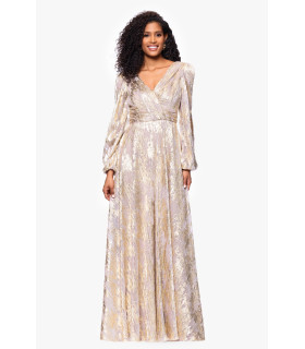 Metallic print dress with long sleeves and V-neck
