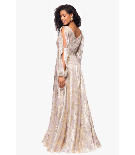 Metallic print dress with long sleeves and V-neck