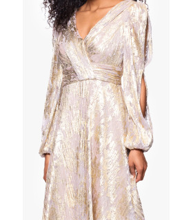 Metallic print dress with long sleeves and V-neck