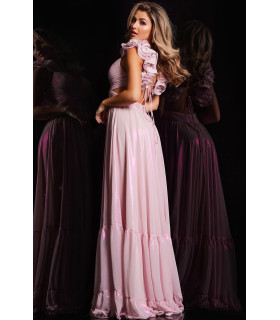 Dress with V-neck and ruffles on the shoulders