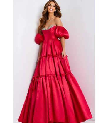 Off-the-shoulder dress with puffed sleeves and a sweetheart neckline adorned with rhinestones