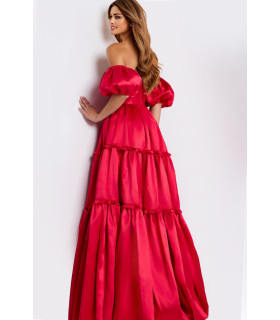 Off-the-shoulder dress with puffed sleeves and a sweetheart neckline adorned with rhinestones