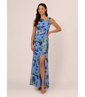 Asymmetrical Draped Floral Chiffon Gown In Blue Multi