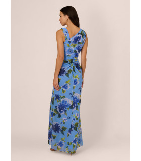 Vestido asimétrico de gasa floral drapeado en azul multicolor