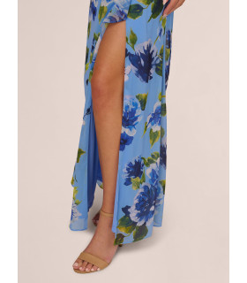 Vestido asimétrico de gasa floral drapeado en azul multicolor