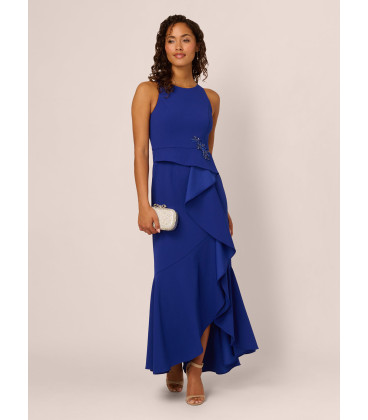 Crepe halter dress with ruffles at the waist