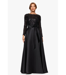 Dress with satin skirt and long-sleeved sequined blouse