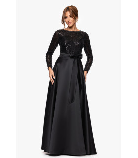 Vestido con falda de satén y blusa de lentejuelas manga larga