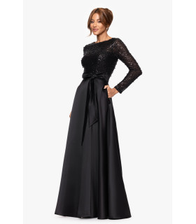 Dress with satin skirt and long-sleeved sequined blouse